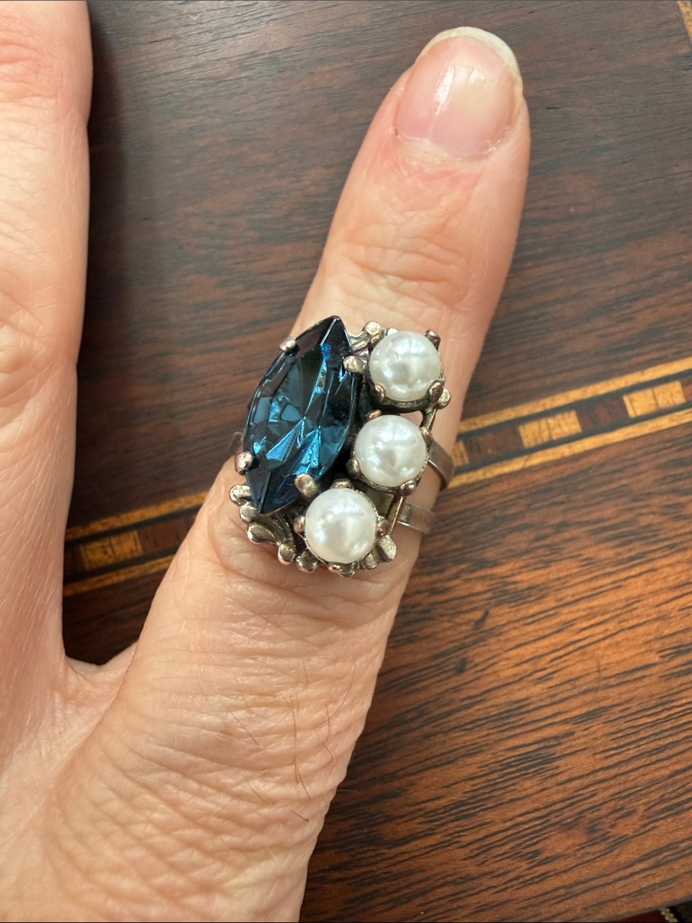 Mariana Silver Navy Marquee Cut Crystal and Pearl Cocktail Ring- FITS MOST